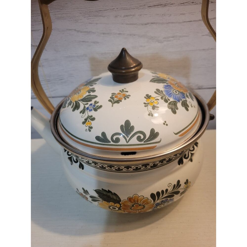 VTG 1960’s ASTA Enamelware Tea Kettle Teapot Brass Handles Floral West Germany - Picture 2 of 11